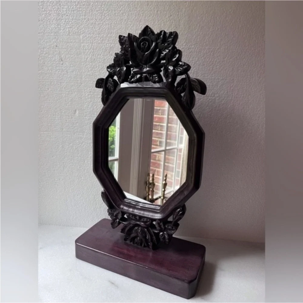 Antique hand carved vanity mirror Floral frame walnut wood frame